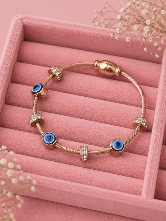 Elegant Rose Gold Anti-Tarnish Evil Eye Charm Bangle with Crystal Accents Every day Wear Kada - The Soul Jewellery