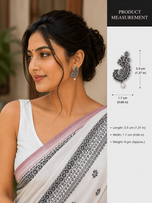 Oxidized Floral Pearl Drop Earrings – Handmade Ethnic Silver Replica Jewellery for Women, Lightweight - The Soul Jewellery