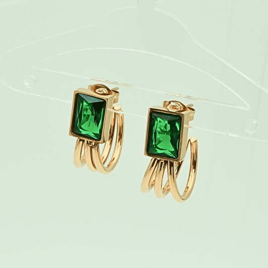 Luxury 18K Rose Gold Plated Triple Hoop Earrings with Emerald Green Crystal – Elegant Anti - Tarnish Stainless Steel ATEr217 - The Soul Jewellery