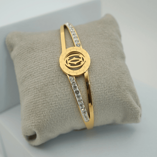 Luxury 18K Gold Plated Anti - Tarnish Emblem Bangle with Crystal Accents – Elegant Openable Design RGB309 - The Soul Jewellery