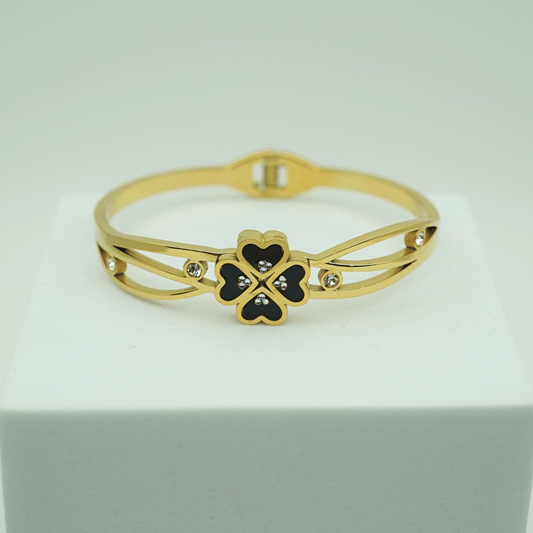Elegant 18K Gold Plated Anti - Tarnish Clover Bangle with Black Enamel and Crystal Accents RGB370 - The Soul Jewellery