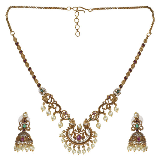 Ayanika Antique Gold - Plated Short Necklace & Jhumka Earring Set - The Soul Jewellery