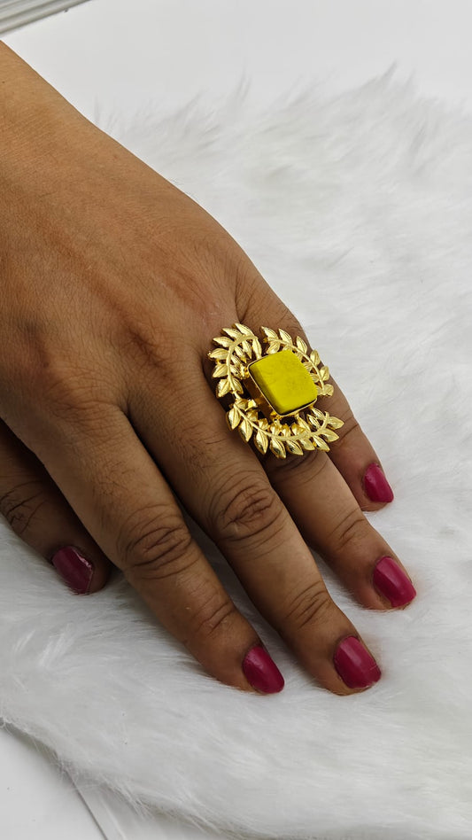 Premium Gold - Plated Brass Ring with Yellow Natural Stone – Leaf Crown Adjustable Statement Ring - The Soul Jewellery