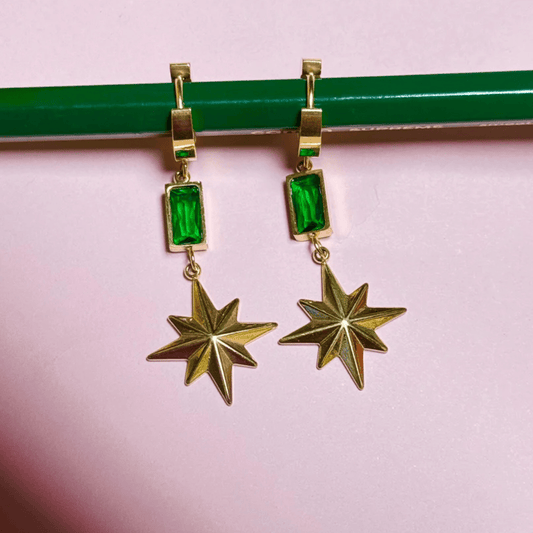 Luxury 18K Gold Plated Anti - Tarnish Star Drop Earrings with Emerald Green Accents – Elegant Statement Jewelry ATER214 - The Soul Jewellery