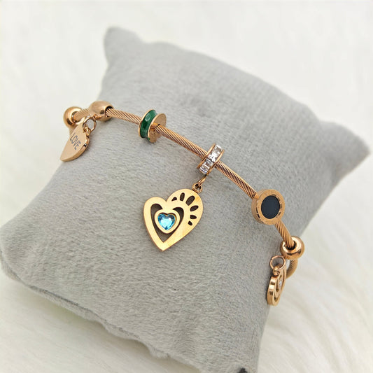 Luxury 22KRose Gold - Plated Love Charm Bracelet – Anti - Tarnish Stainless Steel Bangle with Heart & CZ Accents RGB436 - The Soul Jewellery