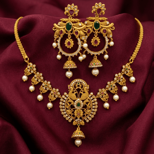 Maharani Peacock Jhumka™ Traditional Temple Necklace Set for Women – Antique Gold Plated South Indian Kundan Necklace Set, Pearl Drops & Statement Chandbali Earrings - The Soul Jewellery