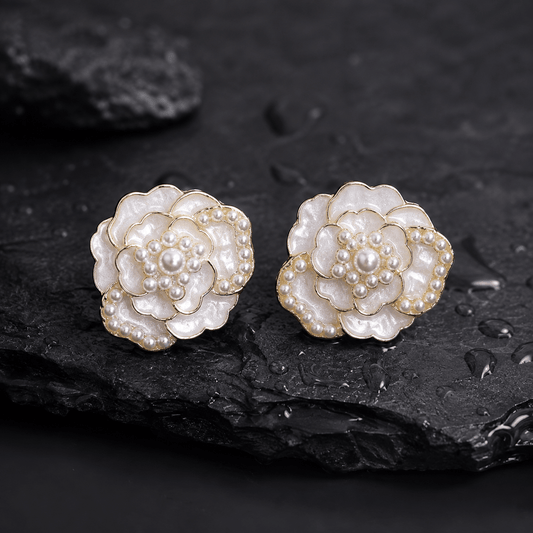 White Floral Pearl Stud Earrings for Women – Gold-Tone Layered Flower Demi Fine Earrings - Soul Jewellery