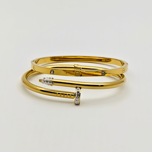 Dual Charm: Duo of 18K Yellow Gold Plated Bangles with Elegant Crystal Details RGB211 - The Soul Jewellery