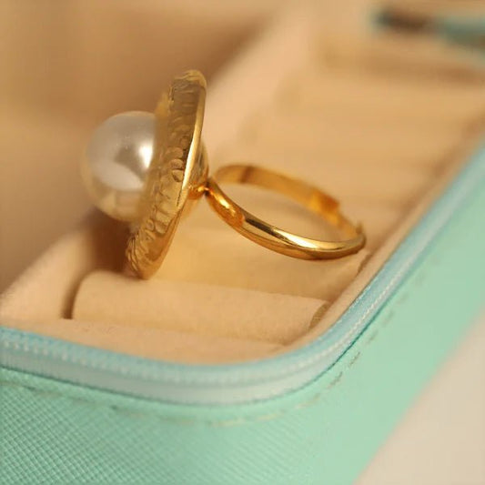 Minimal Pearl Adjustable Ring | Anti - Tarnish Gold Ring with Hammered Design - The Soul Jewellery
