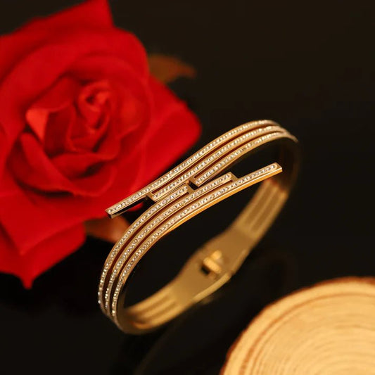 17 Victory Layered Gold Bangle – 18K Plated, Anti - Tarnish Crystal Bar Bracelet - The Soul Jewellery