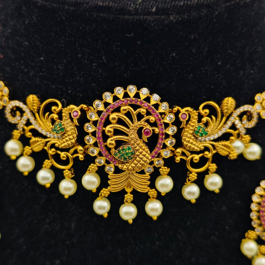 Ketak Antique Gold Plated Temple Choker Set with Pearl Drops and Intricate Peacock Motifs – Traditional Ethnic Jewelry MGNC310 - The Soul Jewellery
