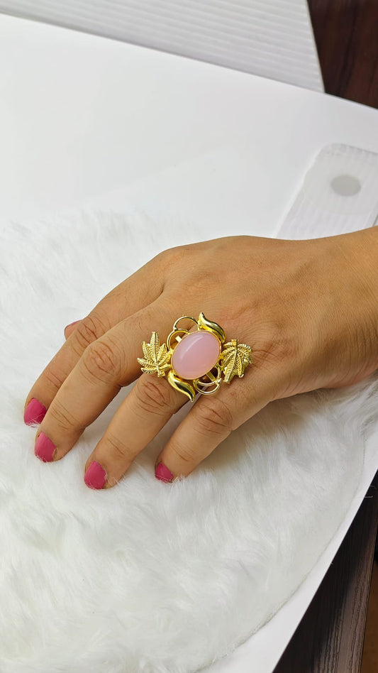 Premium Gold-Plated Brass Ring Pink Natural Stone –Leaf Motif Adjustable Statement Ring for Women - The Soul Jewellery