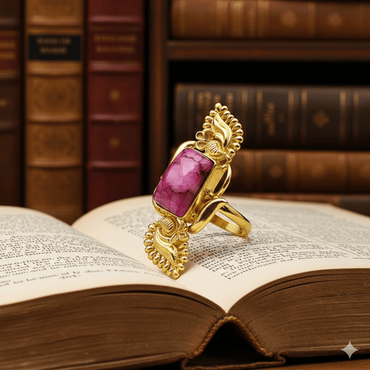 Premium Gold - Plated Brass Ring with Pink Natural Stone – Antique Paisley Motif Adjustable Statement Ring for Women - The Soul Jewellery