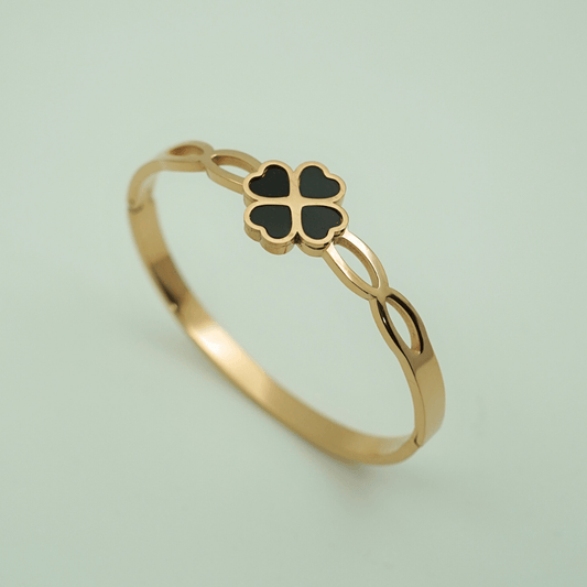 Elegant 18K Rose Gold Plated Anti - Tarnish Clover Bangle – Chic Black Enamel Accents RGB467 - The Soul Jewellery