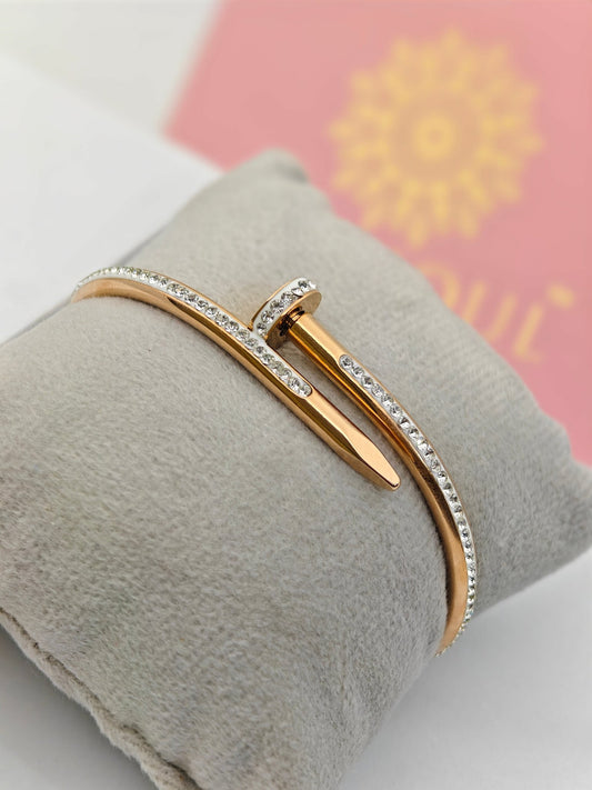 18K Rose Gold Plated Nail Bangle with Dazzling Crystal Pave – Bold and Modern Elegance RGB285 ki - The Soul Jewellery