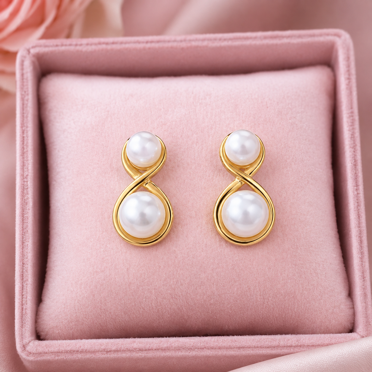 Gold-Tone Infinity Double Pearl Earrings for Women – Elegant Minimal Pearl Stud Earrings