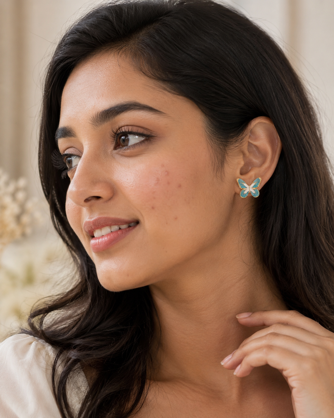 Turquoise Blue Butterfly Stud Earrings for Women – Gold-Tone Enamel Butterfly Earrings