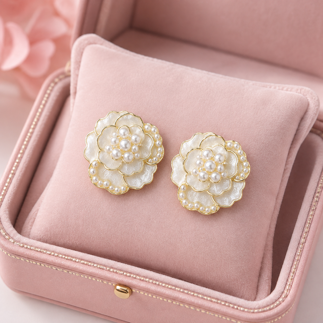 White Floral Pearl Stud Earrings for Women – Gold-Tone Layered Flower Demi Fine Earrings