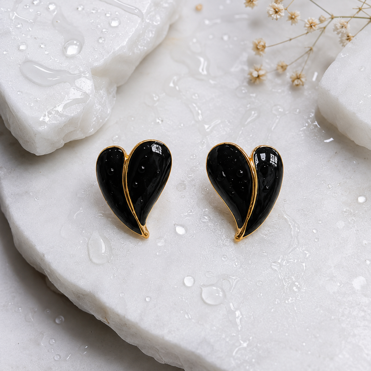 Black Heart Stud Earrings for Women – Gold-Tone Enamel Minimal Demi fine Earrings