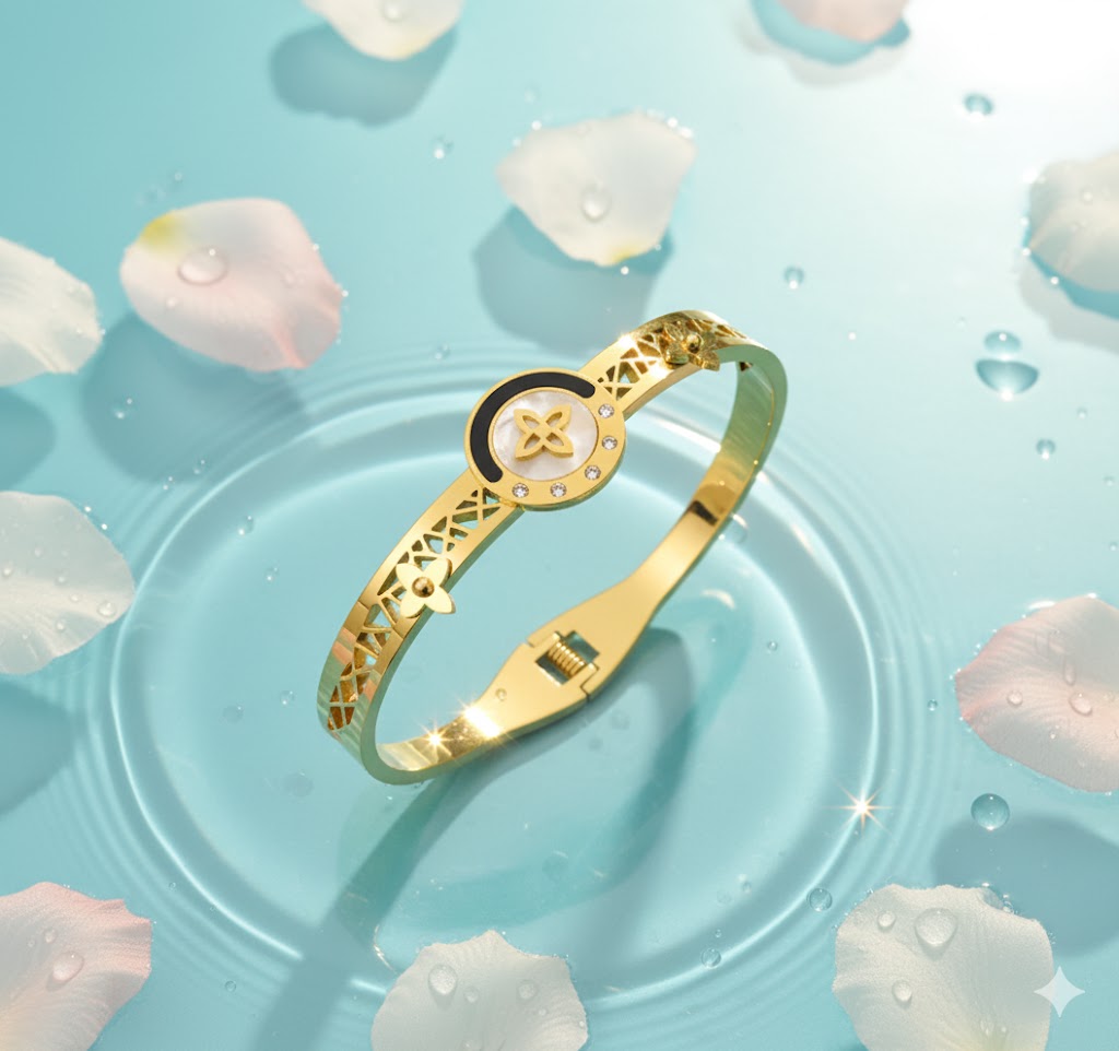 18K Gold Plated Iconic Floral Medallion Bangle – Fortune 11:11 Designer Anti-Tarnish Jewellery RGB282