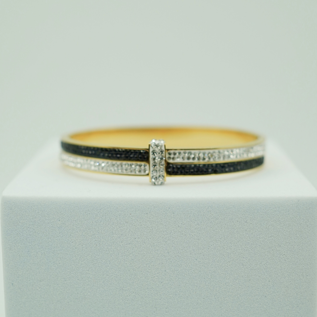 18K Gold-Plated Anti-Tarnish Bangle with Dual-Tone Black and White Crystal Detailing RGB357