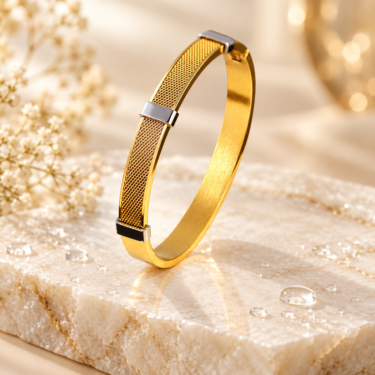 Men’s Gold Mesh Stainless Steel Bracelet – Dual-Tone Minimalist Bangle for Wrist Sizes 2.4 to 2.10
