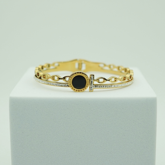 18K Gold-Plated Anti-Tarnish Bangle with Black Enamel Circle and Crystal Chain Detailing RGB358