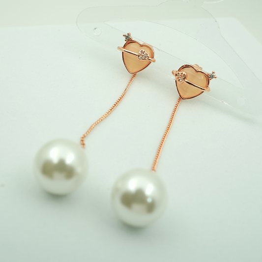 Romantic Heart and Pearl Drop Earrings – 18K Rose Gold Plated, Anti-Tarnish Finish ATER205