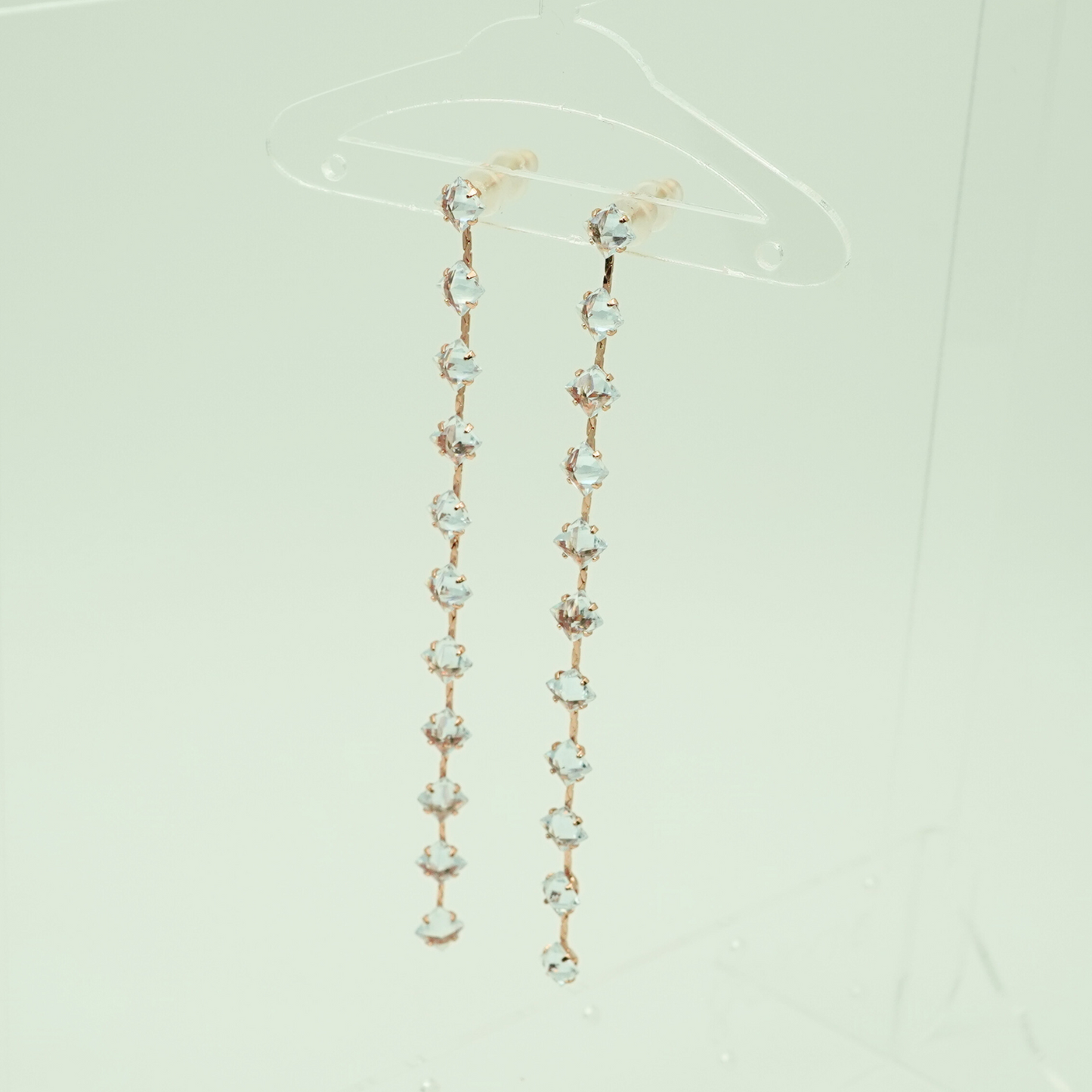 Long Crystal Chain Drop Earrings – 18K Rose Gold Plated, Anti-Tarnish Finish RGB 207