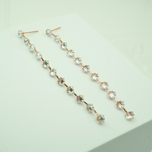 Long Crystal Chain Drop Earrings – 18K Rose Gold Plated, Anti-Tarnish Finish RGB 207