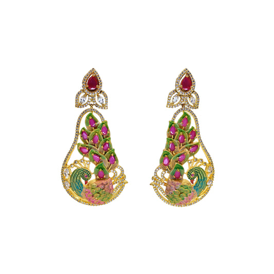 Portia CZ Studded Multicolor Peacock Design Long Drop Earring