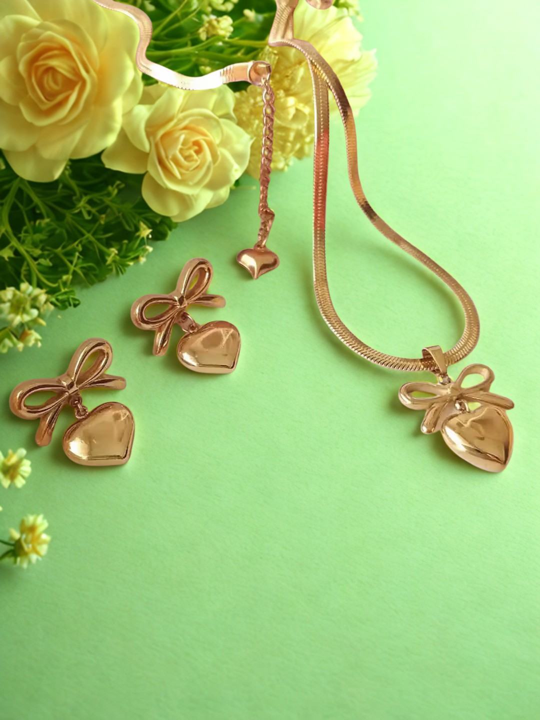 18K Gold Plated Bow-Heart Necklace & Earring Set for Women – Anti-Tarnish Romantic Jewelry Gift Set ATCP179