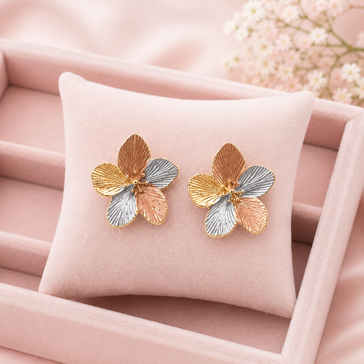 Tri-Tone Floral Stud Earrings for Women – Gold, Rose Gold & Silver-Tone Textured Flower Earrings