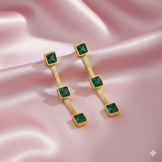 18K Gold Plated Anti-Tarnish Earrings with Emerald Green Square Gemstones – Stainless Steel Dangler