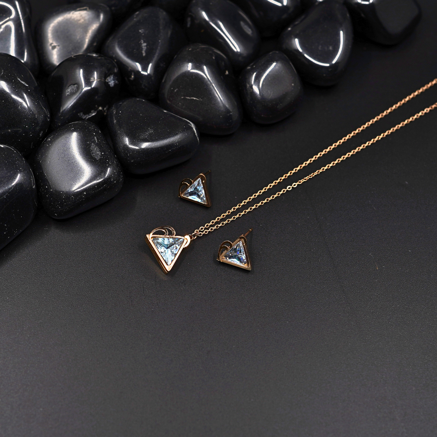 Geometric Elegance: 18K Rose Gold-Plated Anti-Tarnish Necklace and Earring Set with Triangle stone studded Pendants  ATCP124