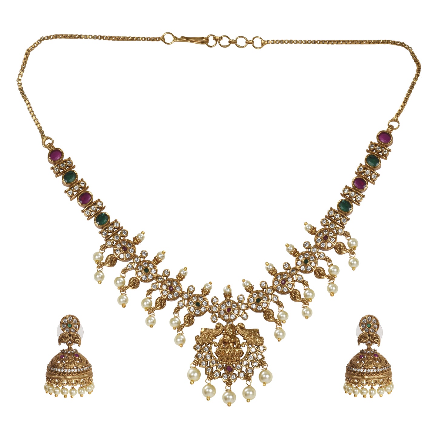 Amrita 22K Antique Matte Gold Plated Short Necklace Set with Lakshmi Devi Motif