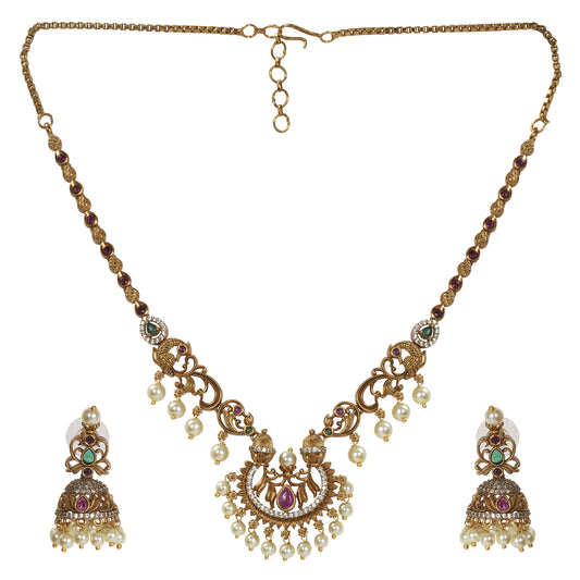 Ayanika Antique Gold-Plated Short Necklace & Jhumka Earring Set