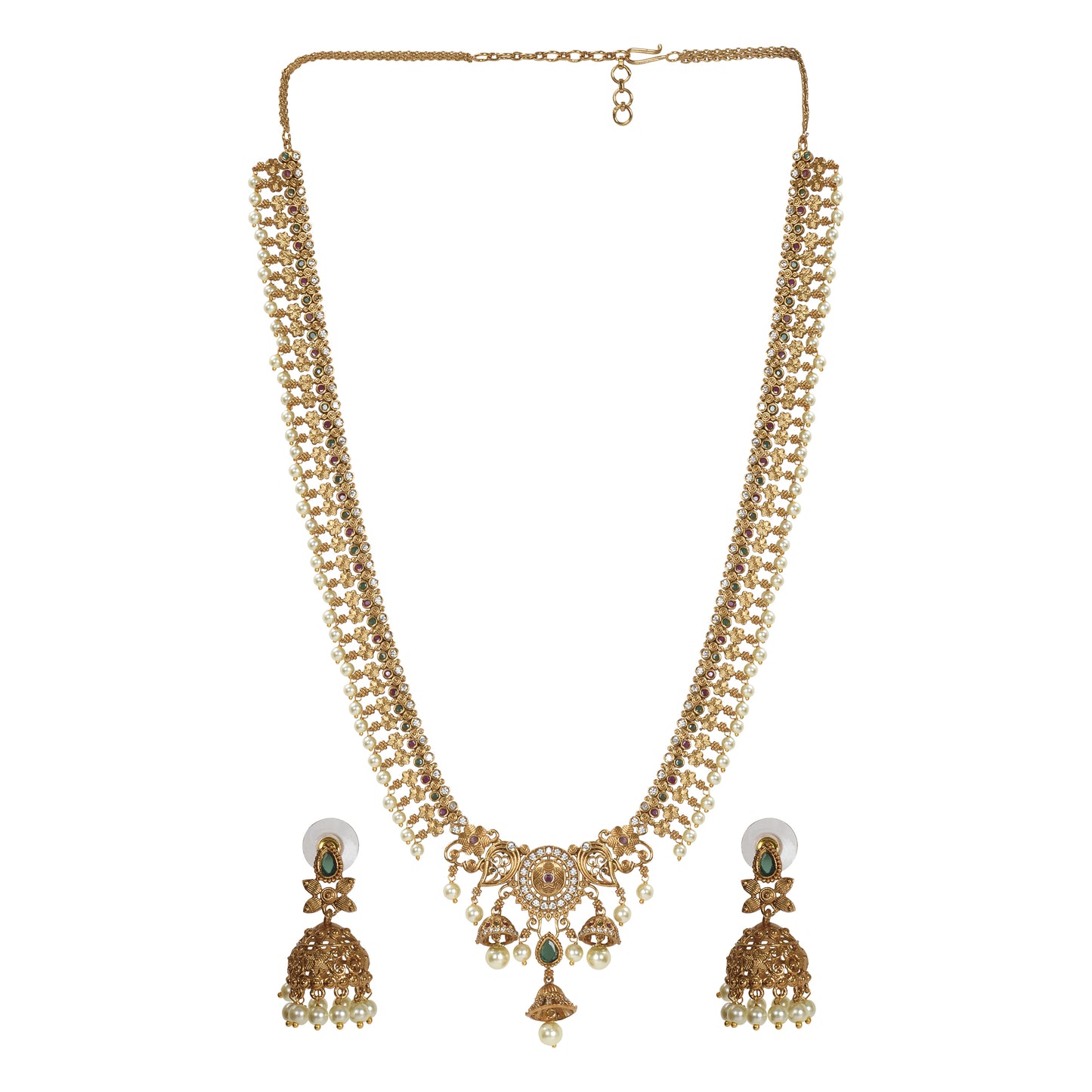 Avanti Antique Gold-Plated Long Necklace & Earring Set with Flower Motif