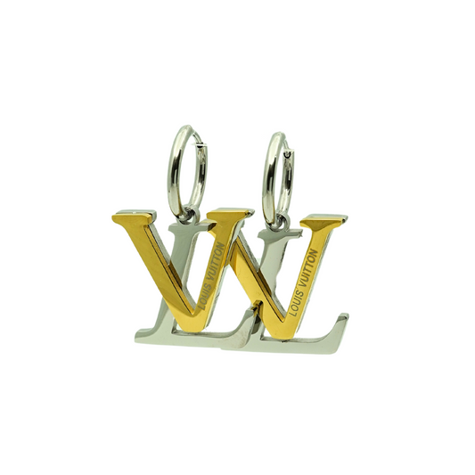 Dual-Tone LV-Inspired Initial Hoop Earrings – Stylish Gold and Silver Finish ATER201