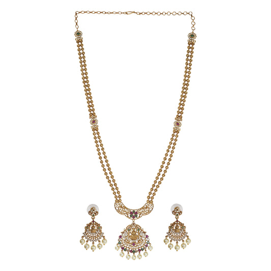 22k Golld plated Arya Antique Gold-Plated Long Temple Necklace & Earring Set