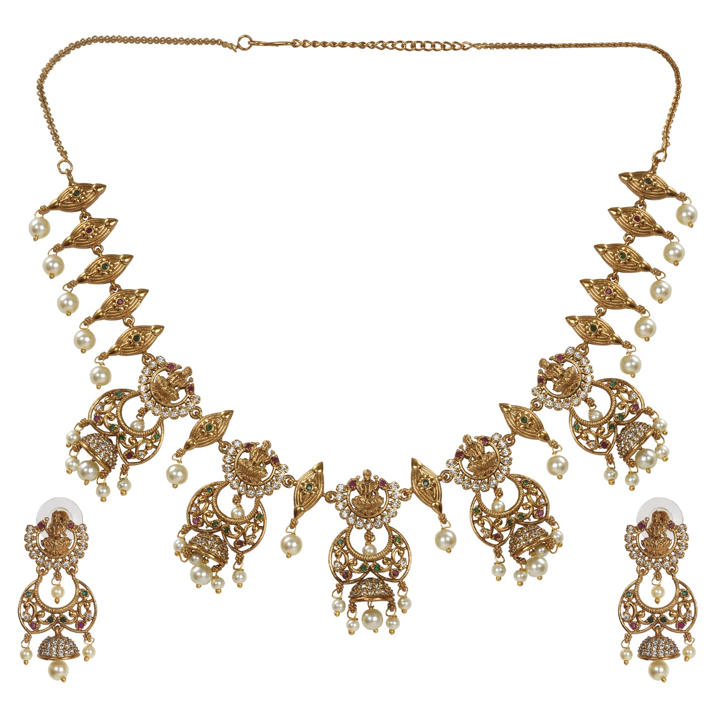 Indu Antique Matte Gold Plated Short Temple Necklace Set with Lakshmi Devi Motif