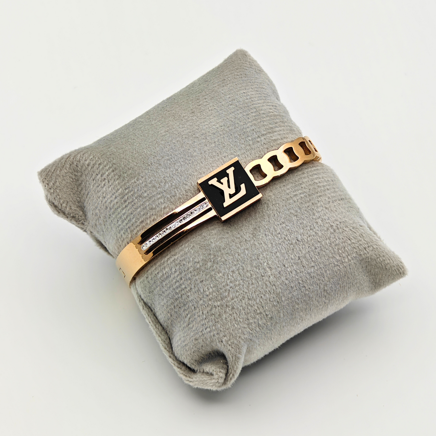 Designer Chic: 18K Gold Plated Bangle with Signature LV Monogram and Cutout Details RGB218