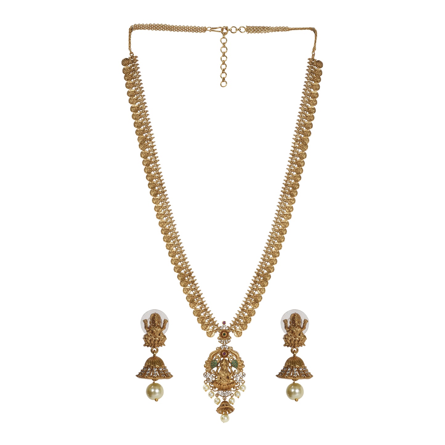 Deetya Antique Matte Gold Plated Long Coin Necklace Set with Lakshmi Idol