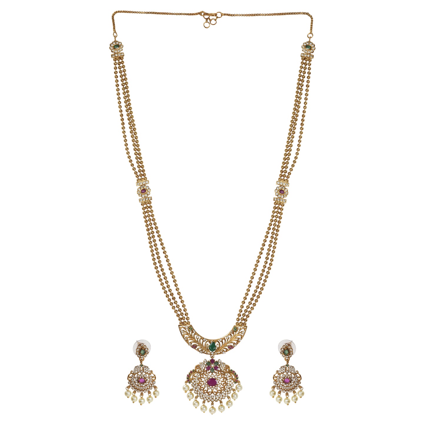 Maitrayee Antique Matte Gold Plated Long Necklace Set with Flower Motif