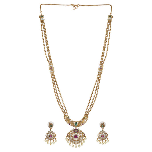 Maitrayee Antique Matte Gold Plated Long Necklace Set with Flower Motif