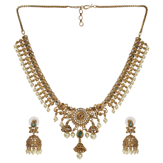 Avanti Antique Gold-Plated Short Necklace & Earring Set with Flower Motif