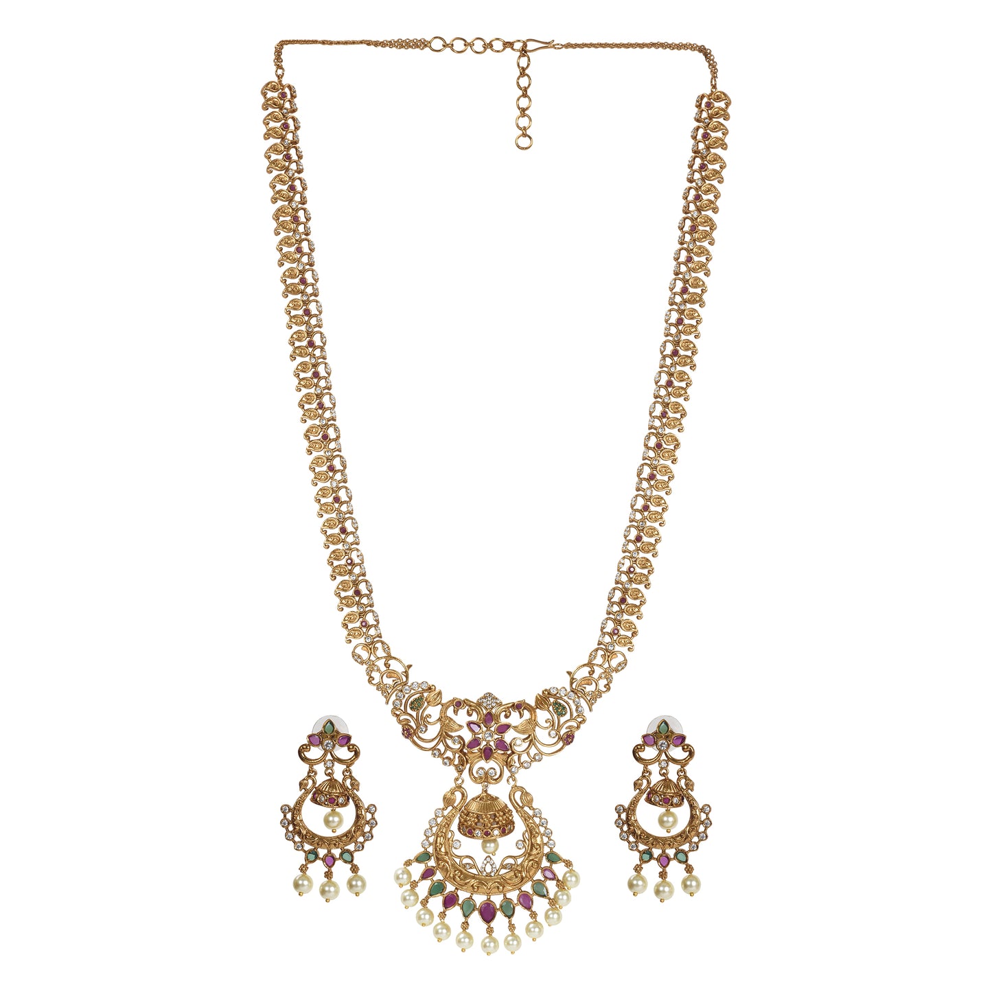 Anika Antique Matte Gold Plated Long Necklace Set with Peacock and Leaf Motif