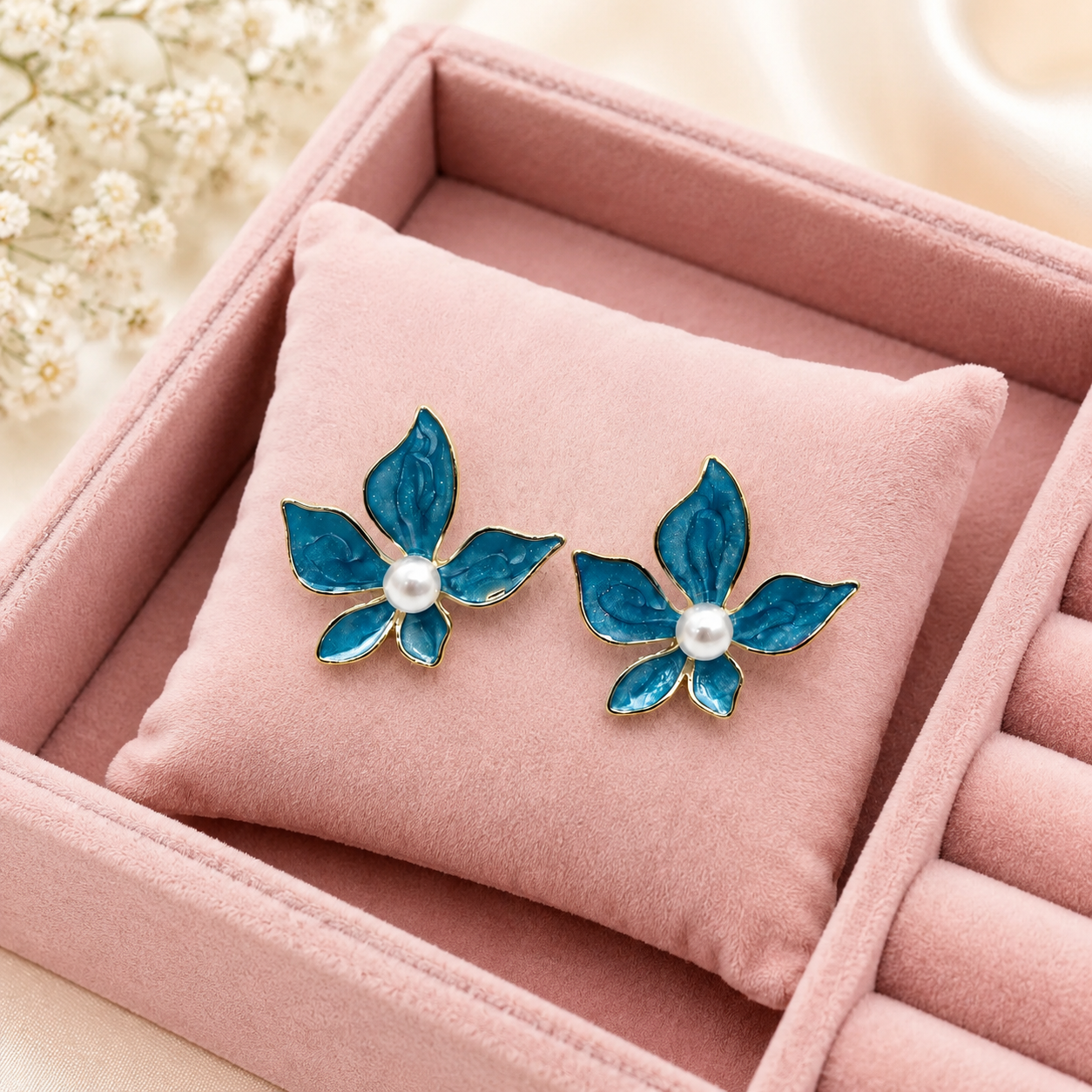 Blue Enamel Floral Pearl Stud Earrings for Women | Gold-Tone Flower Demifine Earrings