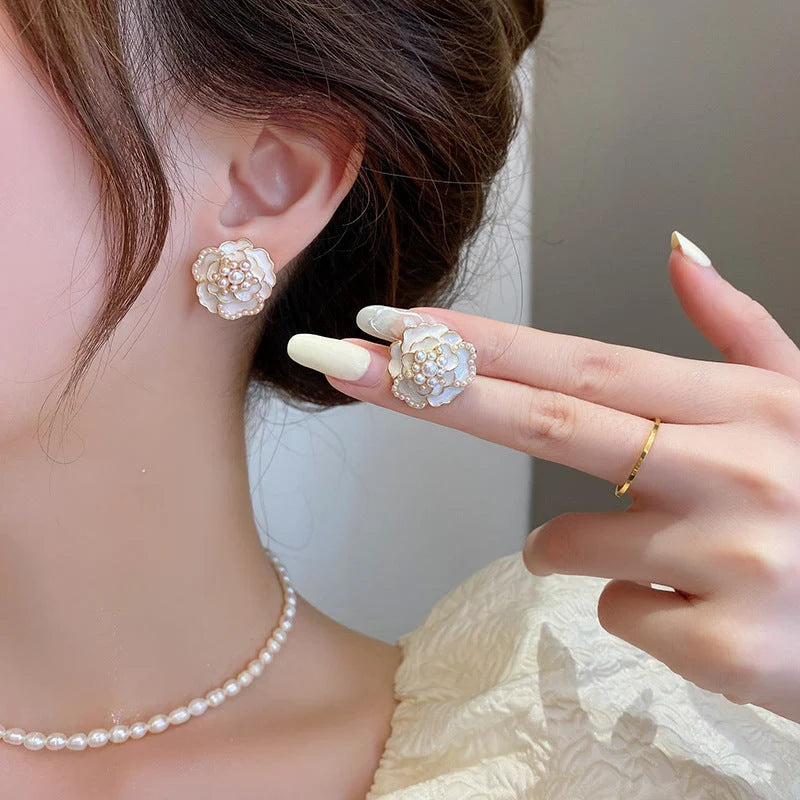 White Floral Pearl Stud Earrings for Women – Gold-Tone Layered Flower Demi Fine Earrings