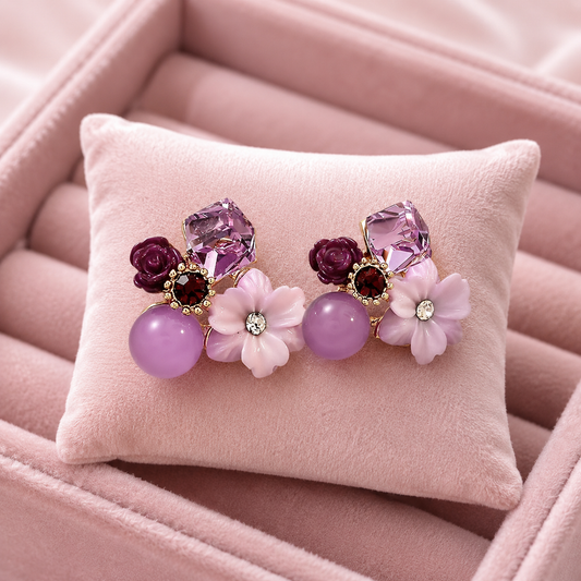 AURÉLIA AMORE LUXE 6™ Purple Floral Crystal Statement Earrings for Women | Pink Gemstone & Flower Drop Studs